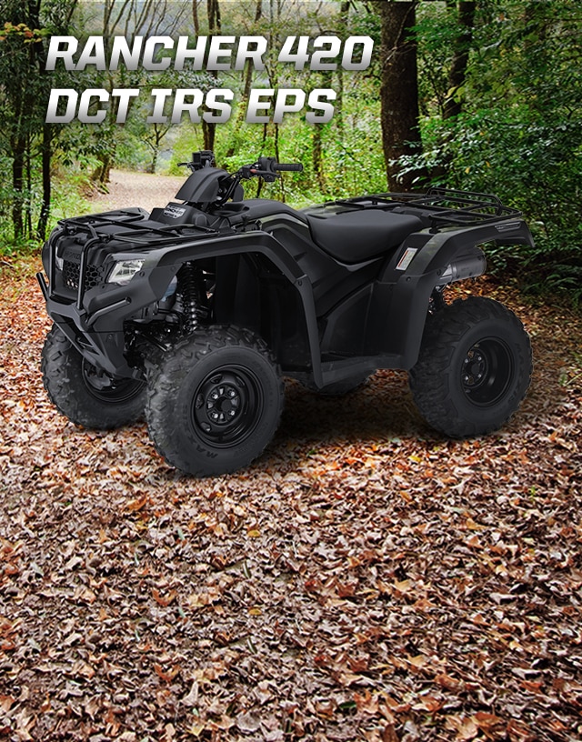 TRX420 Rancher DCT IRS EPS. Master of work and play. Image of white ATV parked in lush green forest.