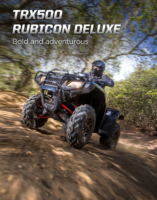 TRX500 Rubicon Deluxe. Bold and adventurous. Image of ATV rider confidently accelerating down trail on uneven terrain