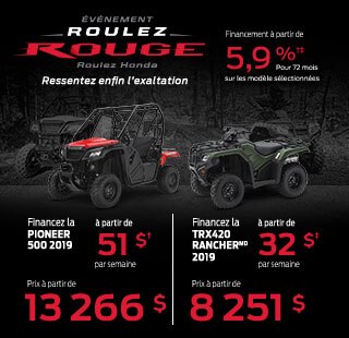 Bannière Événement garage de rêve de Honda. Image d'un garage rempli de produits Honda avec le texte "Événement garage de rêve de Honda. Offre d'une durée limitée. 0 $ acompte. Financez le Rancher TRX420 2019 à partir de 38 $ par semaine|prix à partir de 8 251 $*. Financez le Pioneer 500 2019 à partir de 59 $ par semaine|prix à partir de 13 266 $**" et logo de Services Financiers de Honda.