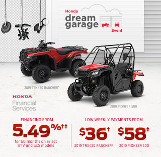 Honda Dream Garage Banner. Image of garage interior, tools on pegboard, generators, lawnmower, snowblower and water pump in background. Dream Garage logo. 2019 TRX420 Rancher (Red) weekly payment $36| 2019 Pioneer 500 (Red) weekly payment $58. Low financing from 5.49% for 60 months on select models" and Honda Financial Services Logo.