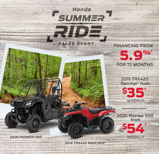 Honda Summer Ride Event Banner. Image of Honda products with text "Honda Summer Ride Event. Limited time offer: 0$ Down Payment|Financing from 5.9% for 72 months on select ATV and SxS models. 2020 TRX420 Rancher from $35 weekly | 2020 Pioneer 500 from $54 weekly. " and Honda Financial Services Logo.