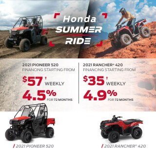 Honda Dream Garage Logo. Make it reality. Dreams really do come true with a Honda A man using different Hondas in a floating world. 2021 Pioneer 520 FINANCING FROM $56† WEEKLY 4.5% for 72 months 2021 Rancher® 420 FINANCING FROM $35† WEEKLY 4.9% for 72 months 2021 Pioneer 500 and 2021 Rubicon DCT Deluxe 2021 studio shots.