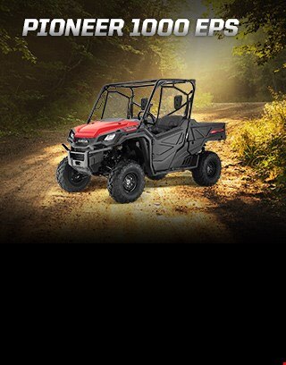 Pioneer 1000 EPS. Go beyond extraordinary. Image of a striking red side-by-side parked on wild off-road terrain among blue skies and snow capped mountain peaks