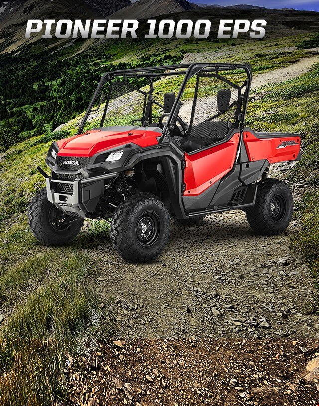 Pioneer 1000 EPS. Go beyond extraordinary. Image of a striking red side-by-side parked on wild off-road terrain among blue skies and snow capped mountain peaks