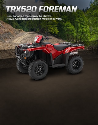 TRX500 Foreman. Tough to beat. Easy to ride. Image of tough ATV rider driving up rugged terrain with a trail of dust behind.