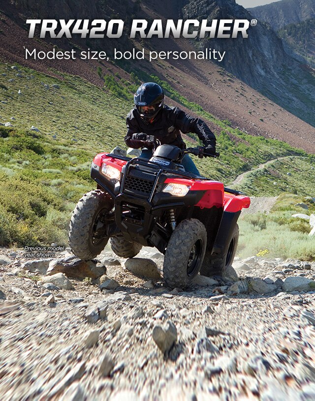 TRX420 Rancher. Modest size, bold personality. Image of rider on ATV manouevering over large rocks on a rugged trail incline.
