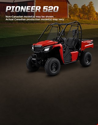 Pioneer 520. Adventures anywhere. Image of compact side-by-side speeding through rocky, muddy creek in the forest