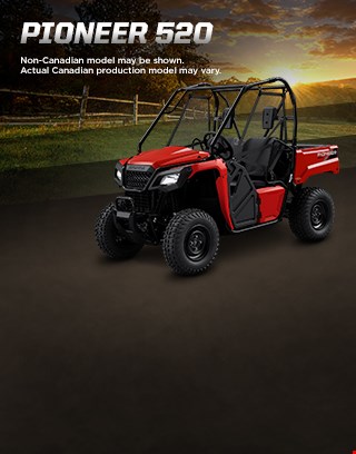 Pioneer 520. Adventures anywhere. Image of compact side-by-side speeding through rocky, muddy creek in the forest